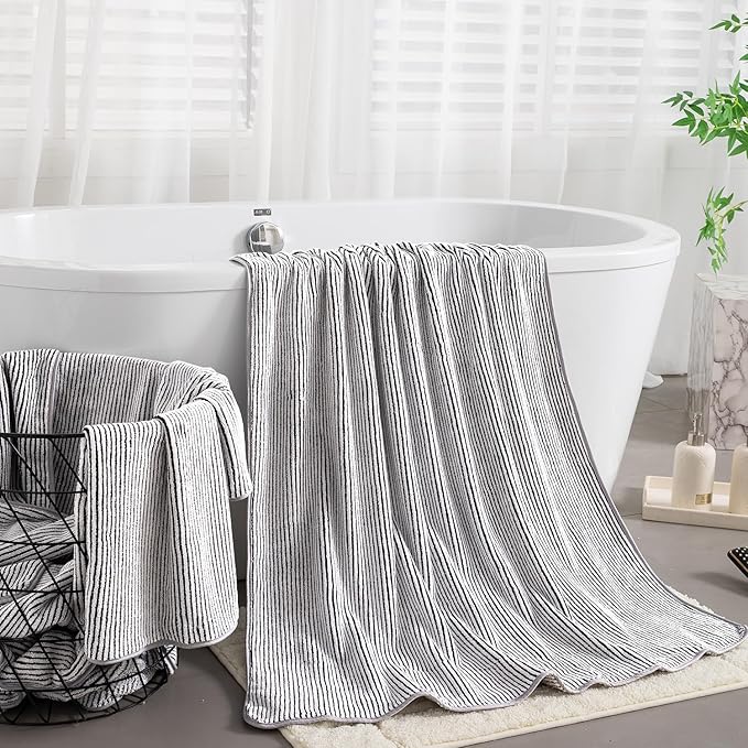 8-Piece Premium Towel Set for Bathroom|2 Oversized Large Bath Sheet,2 Hand Towels,4 Washcloths|Soft Cozy Highly Absorbent Fast Dry Microfiber Shower Towel Set for Hotel Bathroom Essentials,Black White