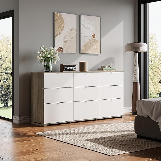 WLIVE 9 Drawer Dresser for Bedroom, 63" Wide Large Wood Chest of Drawers Organize with Sturdy Metal Handle, Modern Dresser for TV Stand, Living Room Office, Hallway, Ball Bearing Slide, Grey Oak
