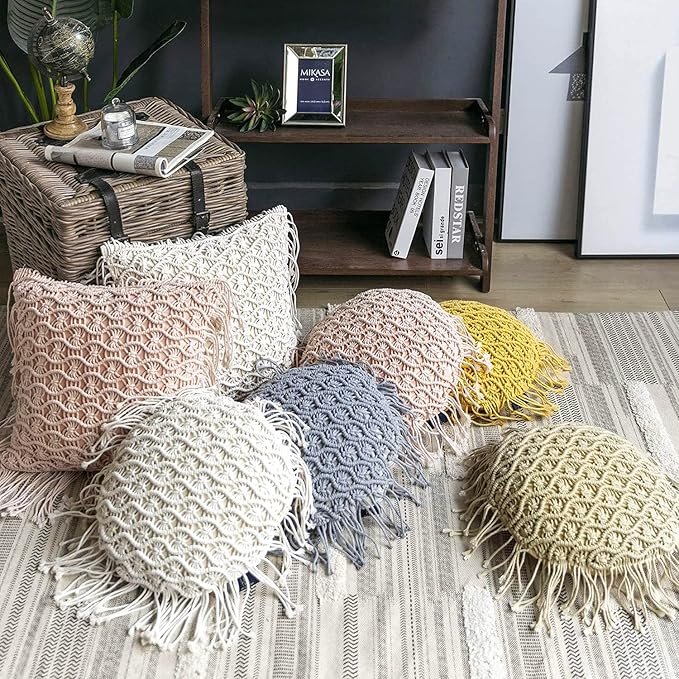 Phantoscope 100% Cotton Handmade Crochet Woven Boho Throw Pillow with Tassel Cute Farmhouse Pillow Insert Included Lumbar Small Decorative Cushion for Couch Sofa, Beige,16 inches Round