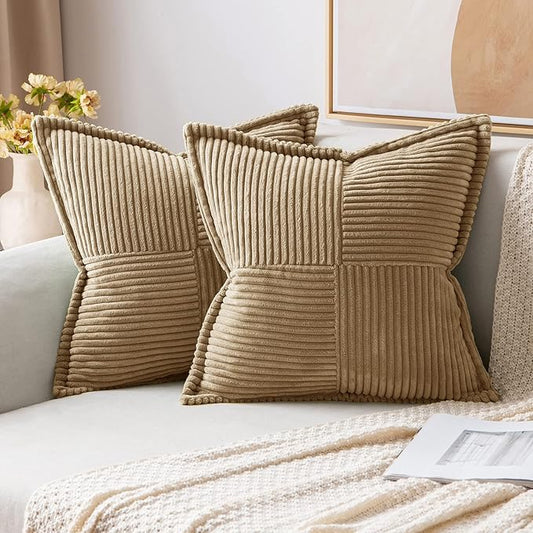 MIULEE Decorative Throw Pillow Covers for Couch Bed Livingroom 18x18 Inch Set of 2 Khaki Boho Accent Throw Pllows Broadside Striped Patchwork Soft Corduroy Pillowcases