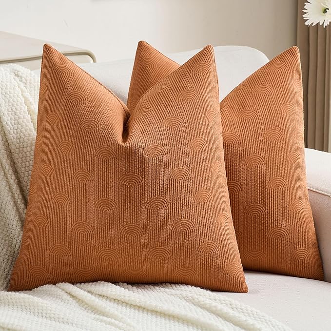 FUTEI Burnt Orange Chenille Decorative Throw Pillow Covers 18x18 Inch Set of 2,Soft Cozy Striped Geometric Patterns Cushion Case,Modern Home Decor for Couch Bed Living Room