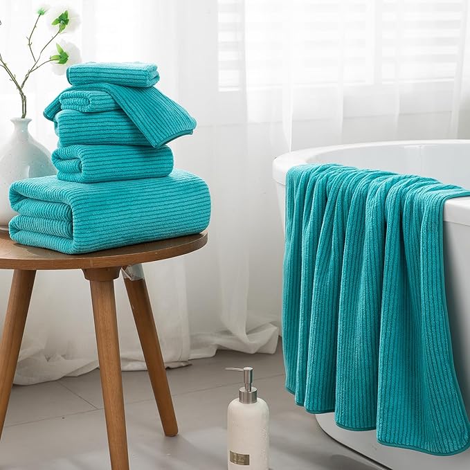 8-Piece Premium Towel Set for Bathroom|2 Oversized Large Bath Sheet,2 Hand Towels,4 Washcloths|Soft Cozy Highly Absorbent Fast Dry Microfiber Shower Towel Set for Hotel Bathroom Essentials,Turquoise