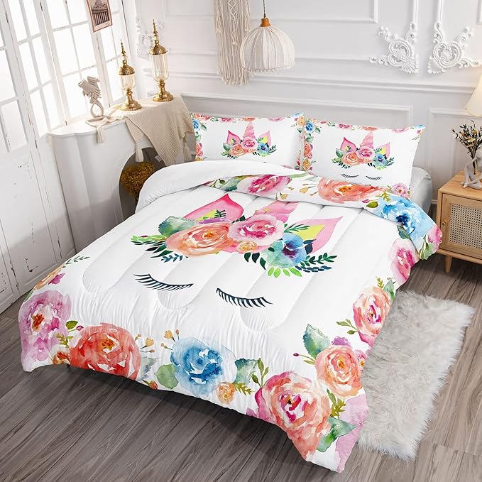 Unicorn Floral Watercolor Flower Comforter Bedding Set for Girls Teens Adults,Colorful Lovely Roses Blooms Print Design Unicorn Bedding Set(Full)