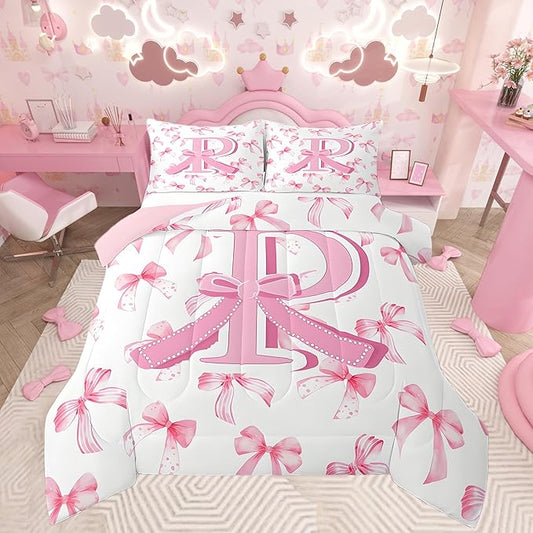 jejeloiu Kids Girls Cute Pink Bow Comforter Set Toddler Size Monogrammed Bedding Set Ultra Soft Personalized Initial P Duvet Quilt Coquette Bow Knot Quilt Set Room Decor Modern Fashion Comforter