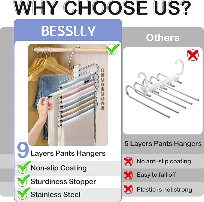 Upgrade 9 Layers Pants Hangers Space Saving, Non Slip Stainless Steel Multifunctional Pants Rack S-Type Clothes Pant Closet Hanger Organizer for Pants Jeans Trousers Scarf Skirts(4 Pack, Antiquewhite)