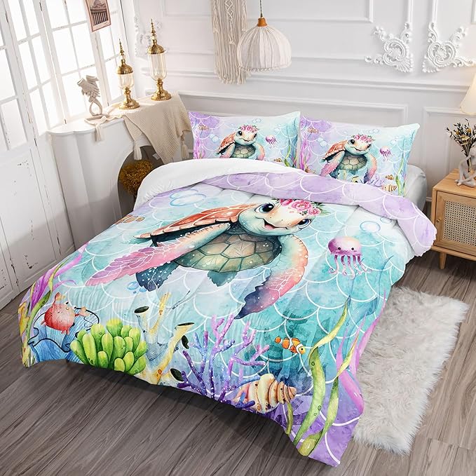 Kids Comforter Set Mermaid Scale Turtle Printed Pattern Bedding Set with 1 Comforter and 2 Pillowcases for Girls Boys Bedroom All Season(Turtle Twin)