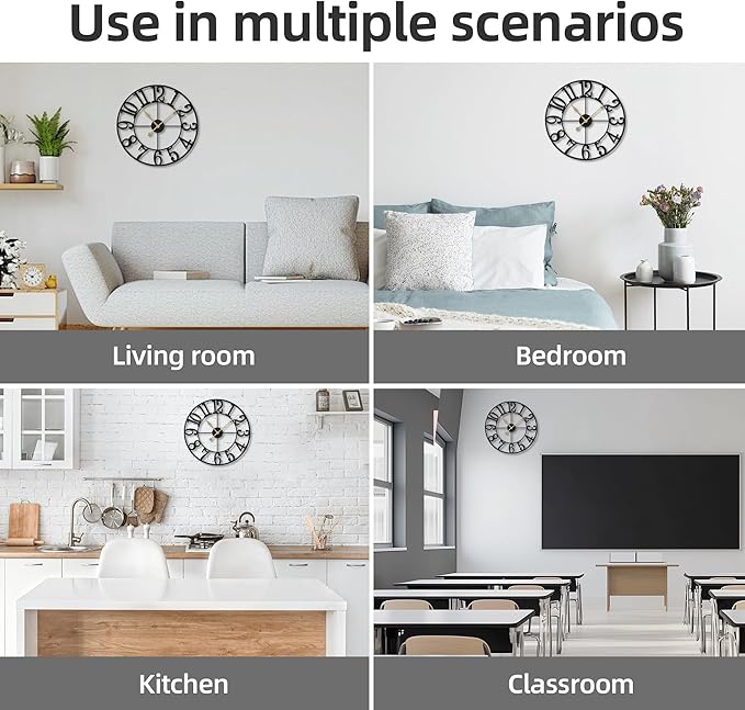Wall Clock Battery Operated,Silent Non Ticking Modern Rustic Metal Small Clocks for Living Room/Bedroom/Office/Kitchen/Farmhouse Home Decor-16IN(Arabic Number-Black)