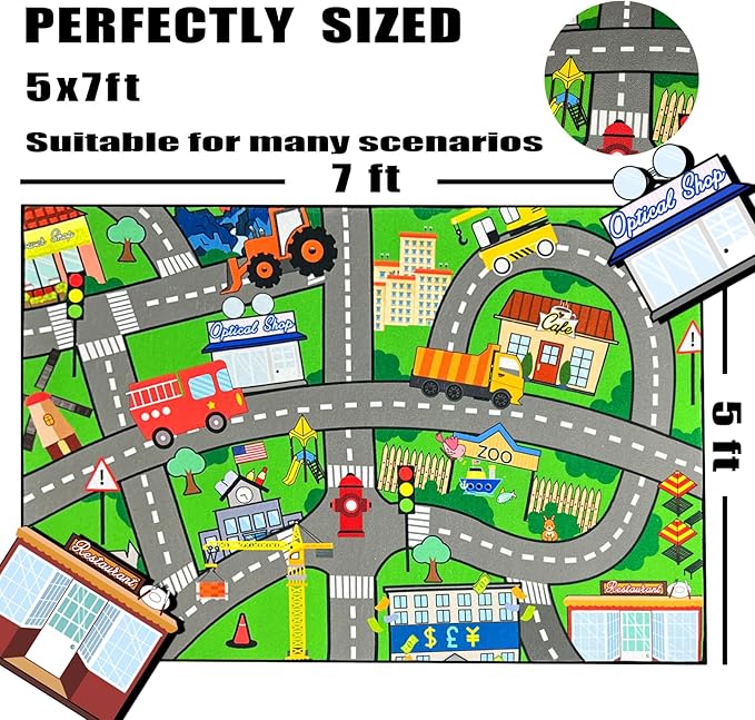 Car Rugs for Kids Toy Cars - Kids Carpet for Playroom Car Track Rug Car Carpet for City Life Road Rug for Playroom Living Room Bedroom, Green, 2'5''×4'