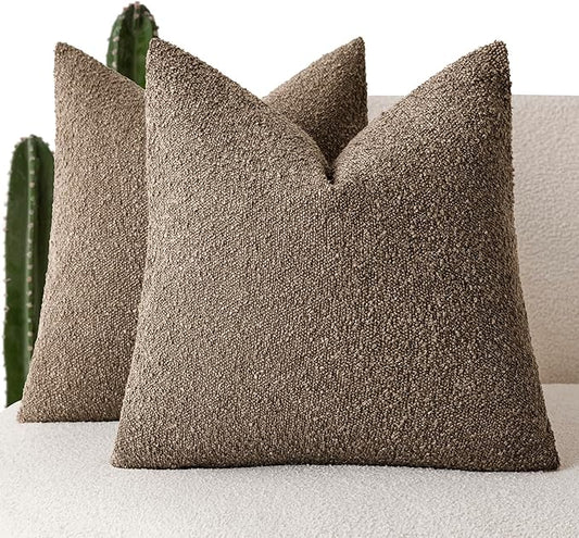 Foindtower Set of 2, Decorative Textured Boucle Throw Pillow Covers Accent Solid Pillow Cases Soft Cozy Couch Cushion Case for Chair Sofa Bedroom Living Room Home Decor 24x24 Inch Light Brown