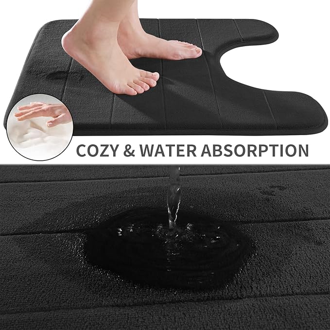 Yimobra Memory Foam Toilet Bath Mat U-Shaped, Soft and Comfortable, Super Water Absorption, Non-Slip, Thick, Machine Wash and Easier to Dry for Bathroom Commode Contour Rug, 24 X 20 Inches, Black