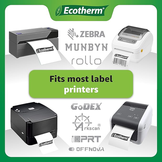 4" x 3" Thermal Labels | 4 Rolls | 2100 Labels | fits Zebra, Munbyn, Rollo, Godex, Arkscan, iDPRT, Offnova Thermal Label Printers and More | Blank White Adhesive Stickers by Ecotherm