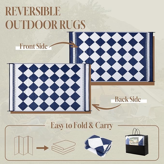 OMERAI Reversible Waterproof Outdoor Rug for Backyard,Plastic Textured Resistant Outdoors Rugs,Portable Washable Easy Cleaning Foldable Camping Beach Carpet for Patio Courtyard, 5'x8' Blue & White