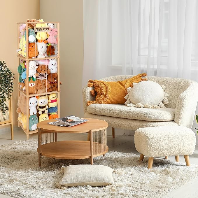 ACEPRUT Wood Stuffed Animal Storage Holder for 50 Plushies, Three Tier Vertical Large Stuffed Animal Zoo Organizer for Playroom Bedroom, Toy Storage Birthday Gifts for Kids