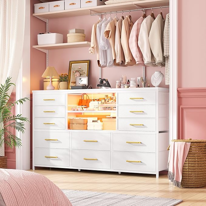 EnHomee White Dresser for Bedroom with 12 Drawers, Fabric Bedroom Dresser with LED Lights & Power Outlets Long Dressers & Chest of Drawers, Sturdy Metal Frame for Closet, Living Room, Hallway