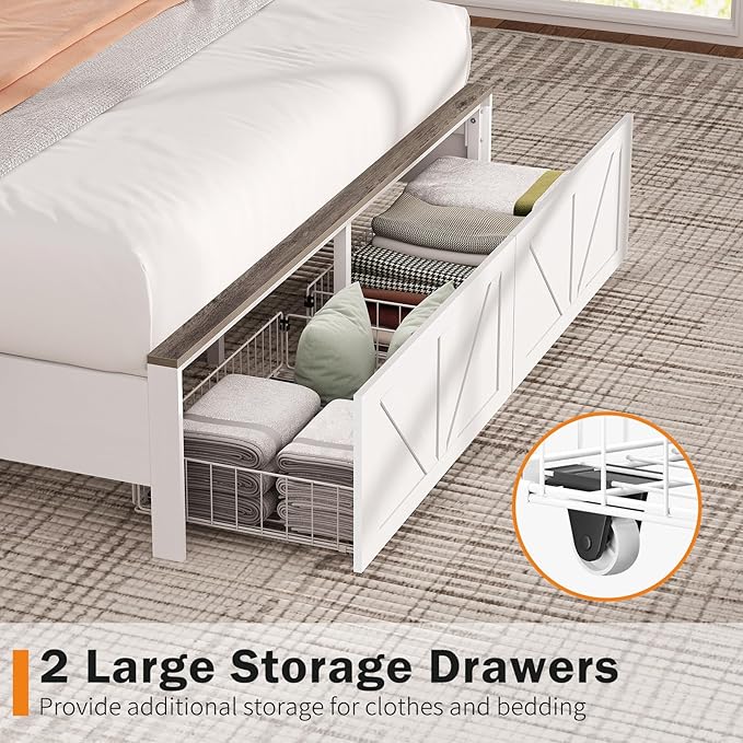 Yoobure Farmhouse Queen Bed Frame with Headboard - Bed Frame Queen Size with Charging Station & LED Lights, Wood Bedframe Queen-Size with 2 Storage Drawer, Platform Beds, No Box Spring Needed, White
