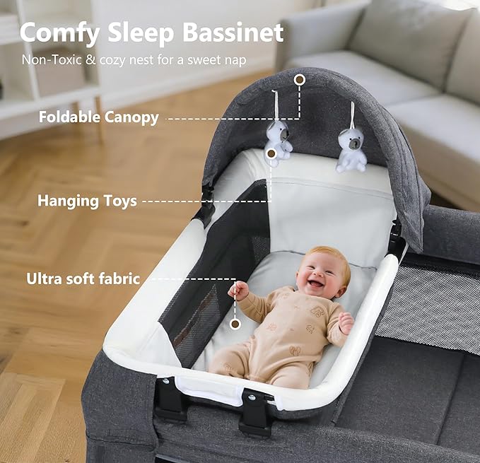 Kinder King 4 in 1 Foldable Pack n Play with Bassinet & Changing Table, Portable Nursery Center for Babies and Toddlers, Convertible Newborn Crib Baby Bed with Toys & Canopy, Storage Bag, Light Gray