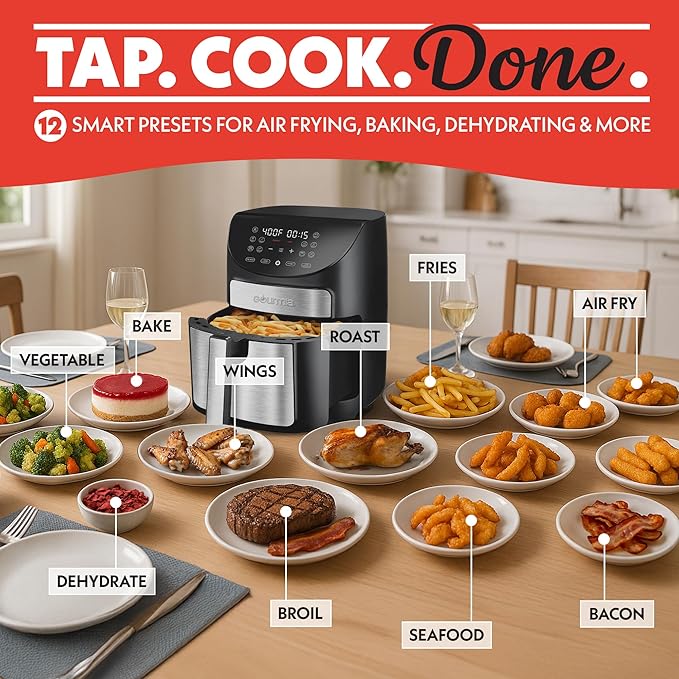 Gourmia Digital Air Fryer – 7 QT, FryForce 360° Technology, 10 Presets, Guided Cooking Prompts, Auto Shut-Off, Dishwasher Safe Basket, 1500W, black/Stainless Steel
