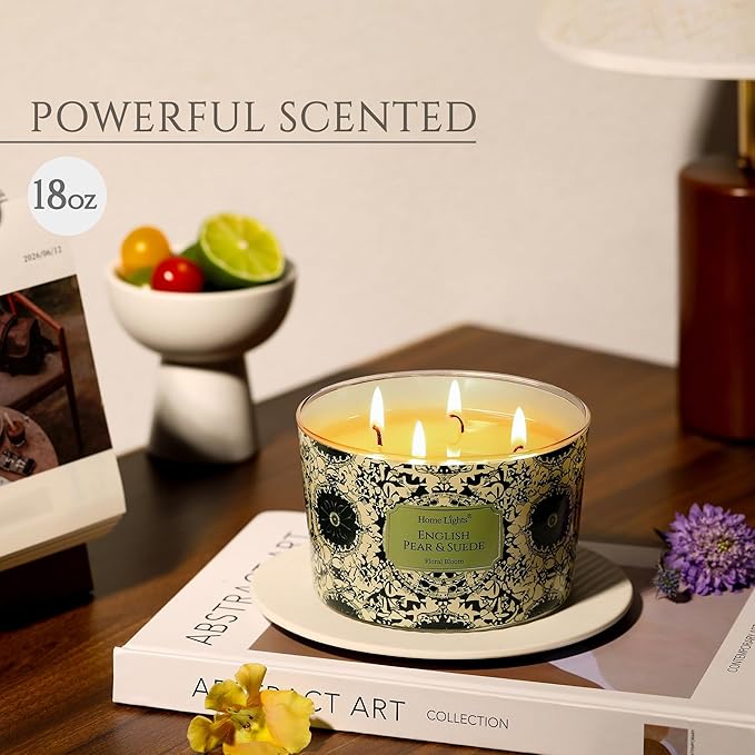 HomeLights Soy Wax Candles for Home Scented, 4-Wick Candles in English Pear & Suede Scented, Aromatherapy Candles Gift for Parties, Relaxing, Bohemian Natural Textures, 18oz