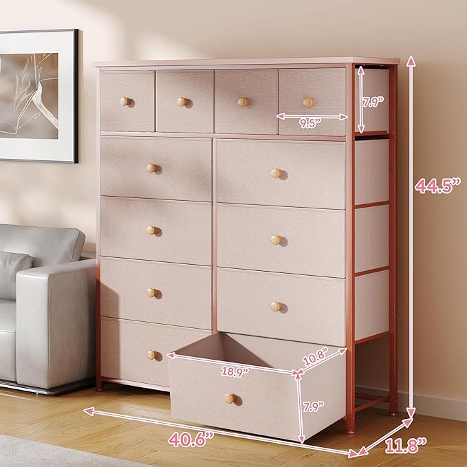 Dresser for Bedroom with 12 Drawers Tall Dressers for Bedroom Fabric Dressers & Chest of Drawers with Sturdy Metal Frame, Wood Top, for Woman, Closet, 40.6" W x 11.8" D x 44.5" H (Pink)