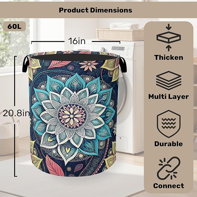 Bohemian Flowers Laundry Basket - Heavy Duty 60L Dirty Clothes Organizer, Water Resistant Foldable Hamper for Men Women
