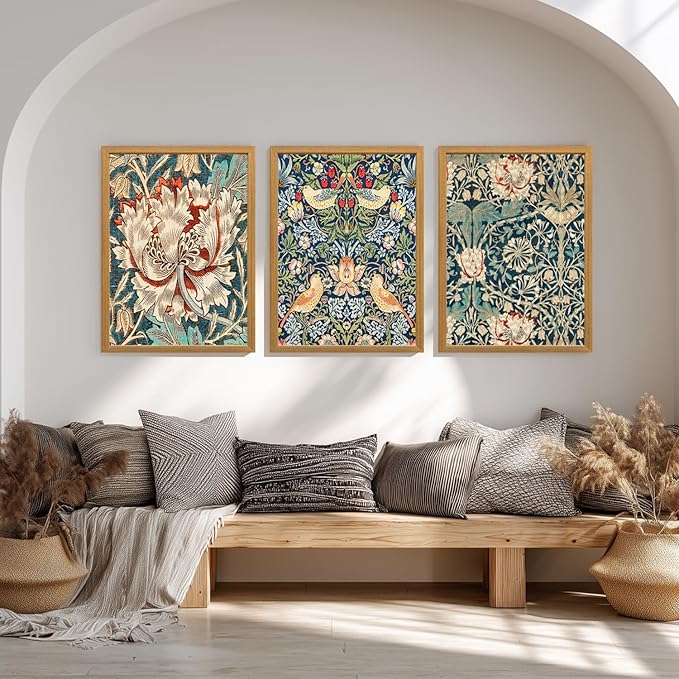 FASWQ Wood Framed William Morris Wall Art, Nouveau Vintage Botanical Wall Decor, Retro Intricate Floral Animal Canvas Painting, Retro Natural Flower Bird Poster Print for Living Room Bedroom 12"x16"x3