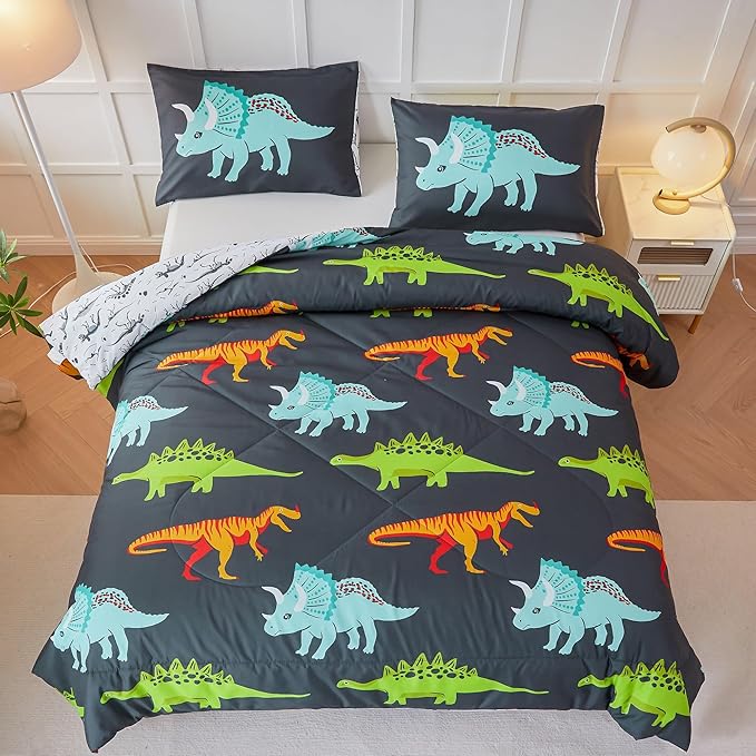 RYNGHIPY Dinosaur Bedding Set - Full Size Kids Comforter Set for Boys & Girls - Soft, Breathable, Cute Dinosaur Bed Set for All Season (Black, Full)