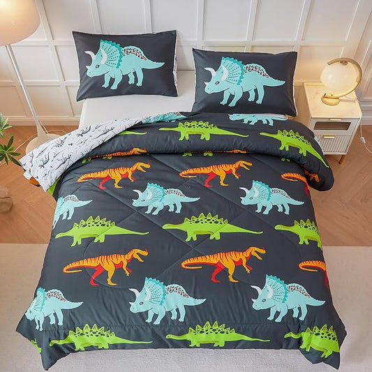 RYNGHIPY Dinosaur Bedding Set - Full Size Kids Comforter Set for Boys & Girls - Soft, Breathable, Cute Dinosaur Bed Set for All Season (Black, Full)