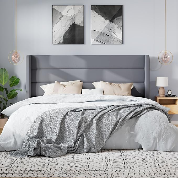 SHA CERLIN King Size Velvet Bed Frame/Vertical Channel Tufted Wingback Headboard/Upholstered Platform Bed with Wooden Slats/Mattress Foundation/No Box Spring Needed/Easy Assembly/Grey