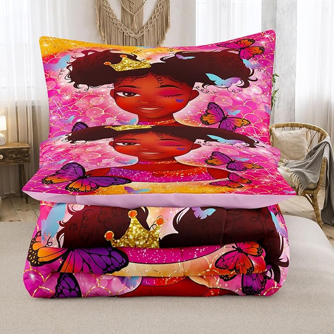 Tailor Shop Kawaii African American Black Girl Comforter Set Pink and Red Bedding Sets for Girls Kids Cute Magic Black Girl Bedding Set Mermaid Butterfly Comforter King Size with 2 Pillowcase…