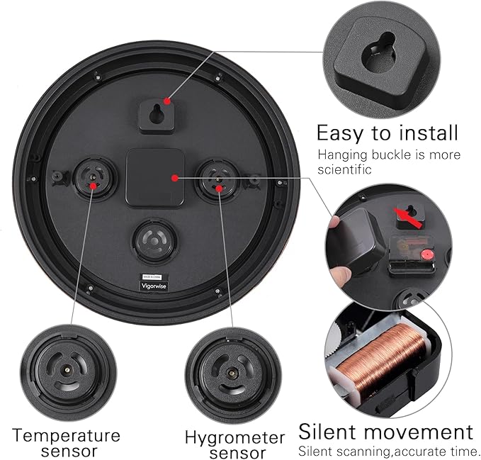 12 inch Outdoor Wall Clock, Plastic Waterproof Outdoor Clocks with Temperature & Humidity, Water Resistant Wall Clock for Patio Garden, Dark Brown