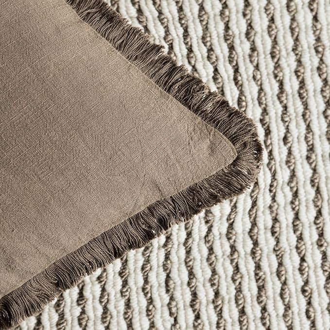 Foindtower Set of 2 Decorative Linen Fringe Throw Pillow Covers Boho Farmhouse Cushion Cover with Tassels Accent Pillowcase for Couch Bed Sofa Living Room Home Bedroom Decor, 12×24 Inch, Light Brown