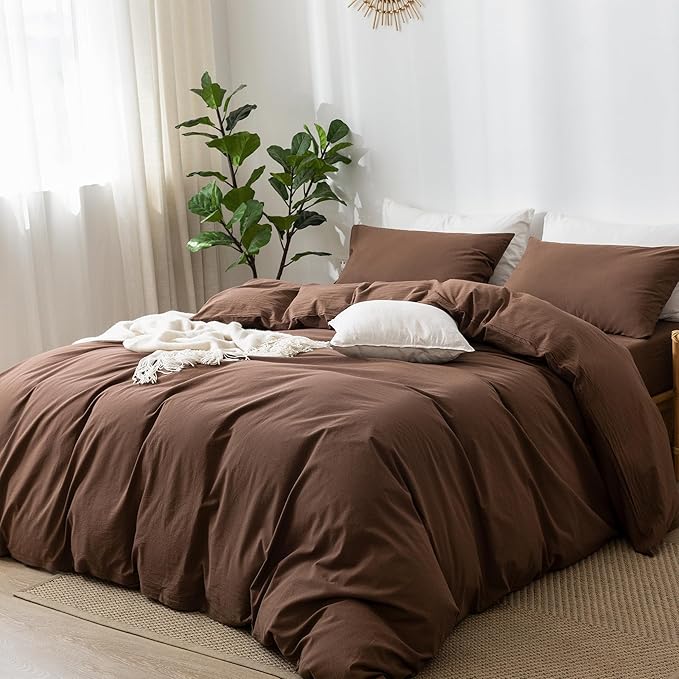 MooMee Bedding Duvet Cover Set 100% Washed Cotton Linen Like Textured Breathable Durable Soft Comfy (Solid Cocoa Brown, Super Queen 90"x98")
