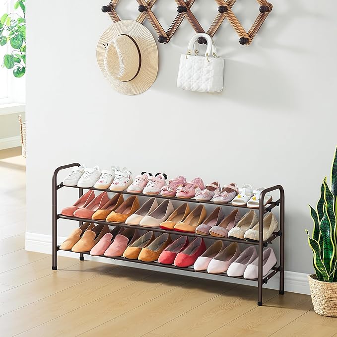 3 Tier Shoe Organizer, Shoe Rack for Closet, 28“ Metal Shelf Can Expandable to 42“, for Bedroom, Entryway, Closet, Garage, Adjustable to 18 Pairs Shoes, Brown