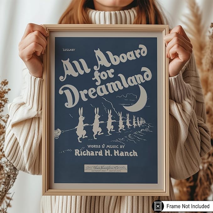 Poster Master All Aboard For Dreamland - Retro Children's Lullaby Print - Story Book Art - Bunny and Rabbit - Aesthetic Kid's Bedroom or Nursery Wall Decor - 11x14 UNFRAMED