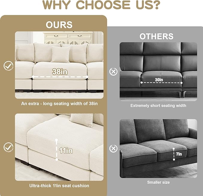 KEIKI 168" Oversized Corduroy Modular Cloud Sectional Sofa with High-Density Foam Cushions, Extra-Thick Armrest, Upholstered Modern 4-Seater Fluffy Corner Couch with 12 Pillow, for Living Room, Beige