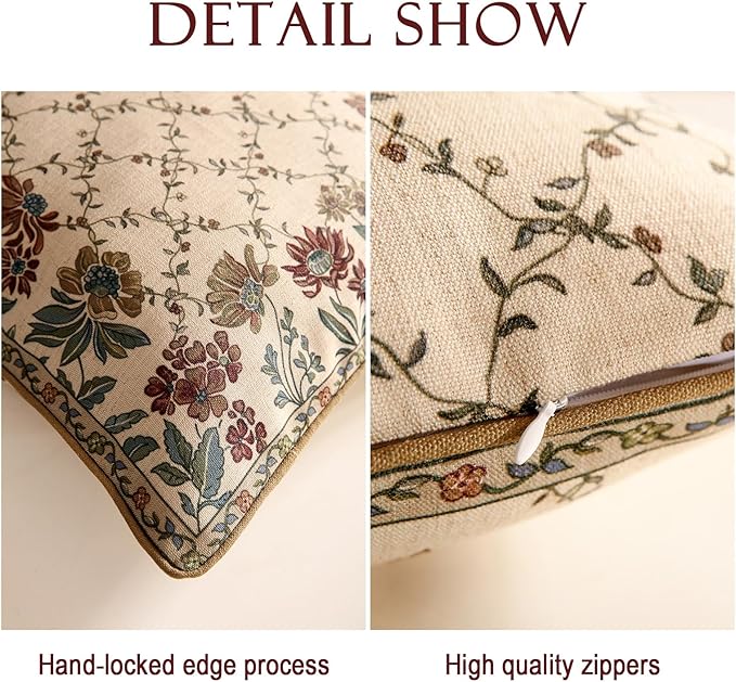 patdrea Designer Throw Pillow Covers Set of 2,Square Euro Retro Style Light Brown Linen with Floral Pattern Pillow Cover,Decorative Pillowcases Cushion for Bed Living Room Outdoor Car,18"x18"