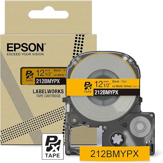 Epson LABELWORKS 212BMYPX Genuine PET (Polyester) Tape Cartridge - Black on Matte Yellow Designer Craft Label Maker Tape - 1/2" (12MM) Wide, 26'
