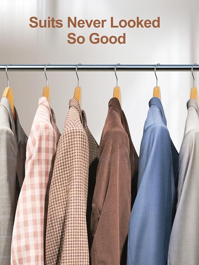 HOUSE DAY Wide Shoulder Wooden Hangers, Suit Hangers with Non Slip Pants Bar, Smooth Finish 360° Swivel Hook High-Grade Solid Wood Coat Hangers for Dress, Jacket, Heavy Clothes Hanger 6 Pack (Natural)