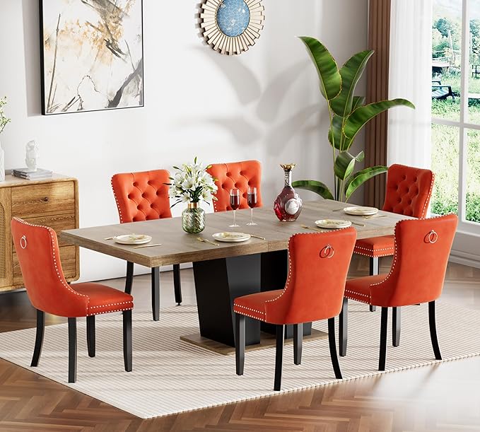 Goujxcy 7-Piece Extendable Dining Table Set for 6-8 People 63-78 Inch Kitchen Table Set with 6 Velvet Upholstered Chairs Farmhouse Rectangular Dining Room Table Set for Kitchen Dining Room Apartment