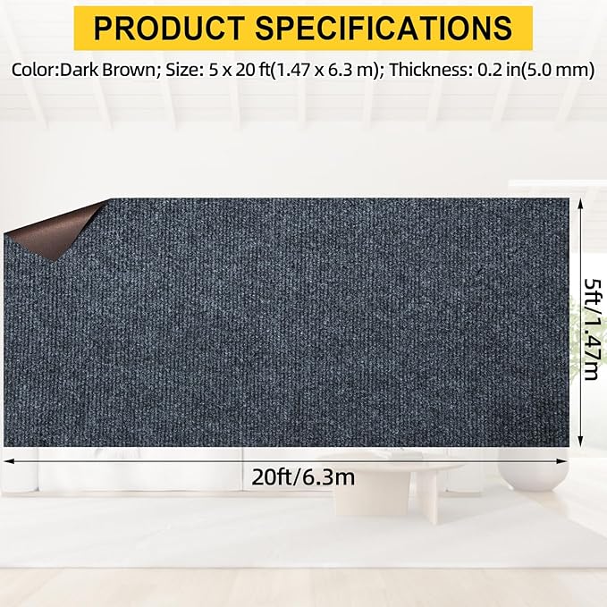 Marine Carpet,5 FT x 20 FT Dark Gray Indoor Outdoor Carpet 0.2" Thick Boat Carpet with Water-Proof TPE Backing, Non-Slide Outdoor Marine Carpet Roll for Home, Patio, Porch, Deck