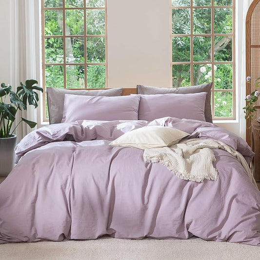 MooMee Bedding Duvet Cover Set 100% Washed Cotton Linen Like Textured Breathable Durable Soft Comfy (Heathered Light Purple, Palatial King/Oversized King 120"x98")