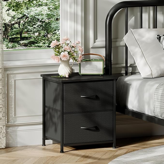 Somdot Nightstand Set of 2, Small Dresser for Bedroom with 2 Storage Drawers, Bed Side Furniture End Table with Fabric Bins for Bedroom Closet, Entryway, College Dorm, Black