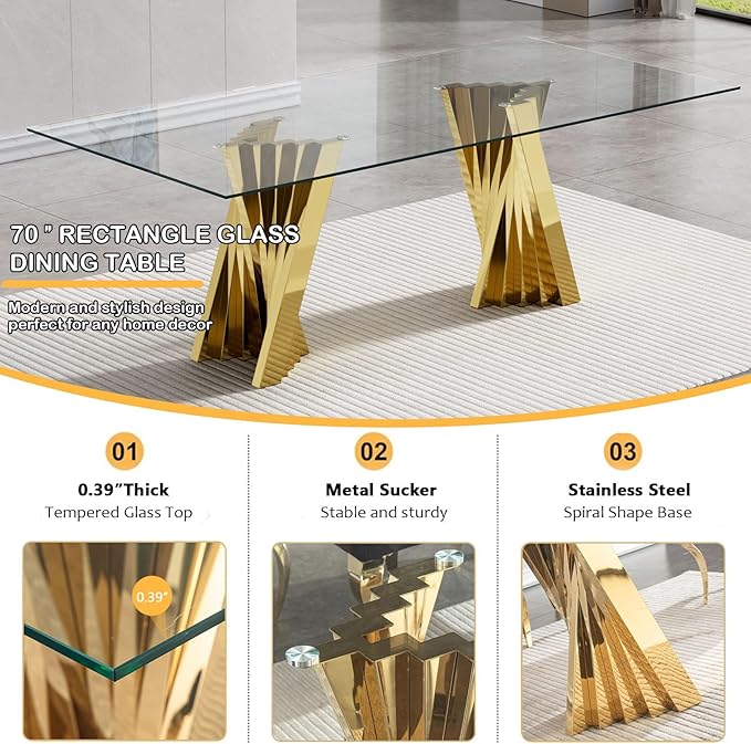 7 Piece Dining Table Set with 6 Blue Dining Chairs, Modern Glass Kitchen Table and Chairs Set for 6, 70" Rectangle Gold Glass Pedestal Dining Room Tables with Flash-Shape Stainless Steel Base