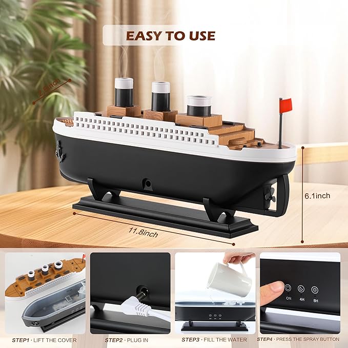 Cruise Ship Aromatherapy Diffuser with Remote Control, 250ml Essential Oil Diffuser, Cool Mist Humidifier, Jellyfish Mist Effect, LED Mood Lights, Decorative Aroma Diffuser for Home, Bedroom & Office