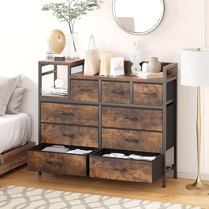 Jojoka TV Stand with Charging Station, Bedroom Dresser for Living Room TV Stand with 9 Drawers, Vintage