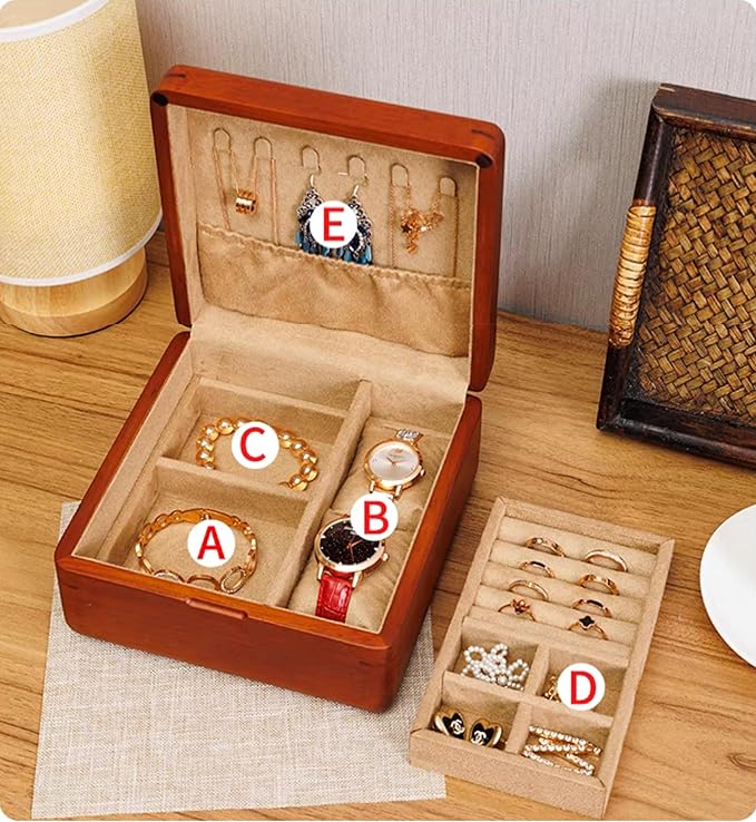 Bescott 2 Layer Solid Wooden Jewelry Box for Women Real Wood Vintage Jewelry Organizer Storage for Earrings Rings Necklaces Bracelet Watch Men