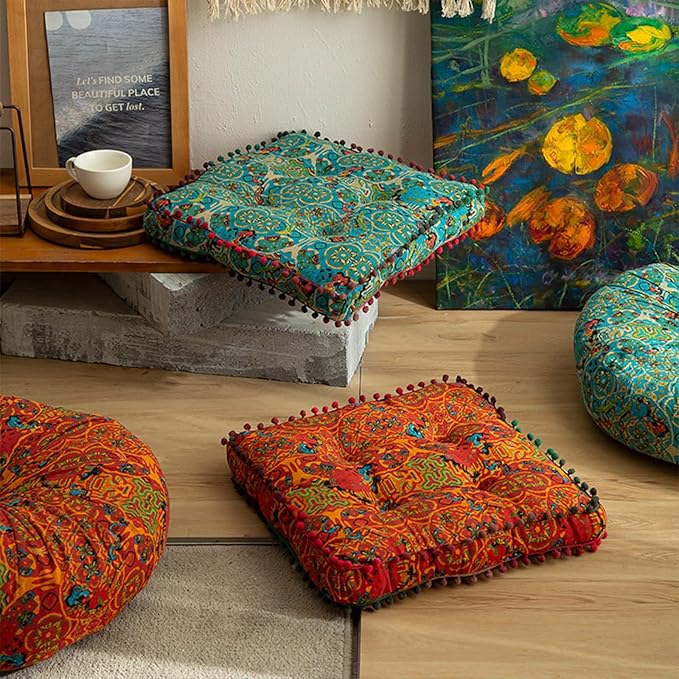 Orange Bohemian Seat Cushion,Indoor Boho Chair Cushions for Dining Chairs,Square Chair Pad,Decorative Seat Cushions for Kitchen Chairs (Orange Square 16X16)
