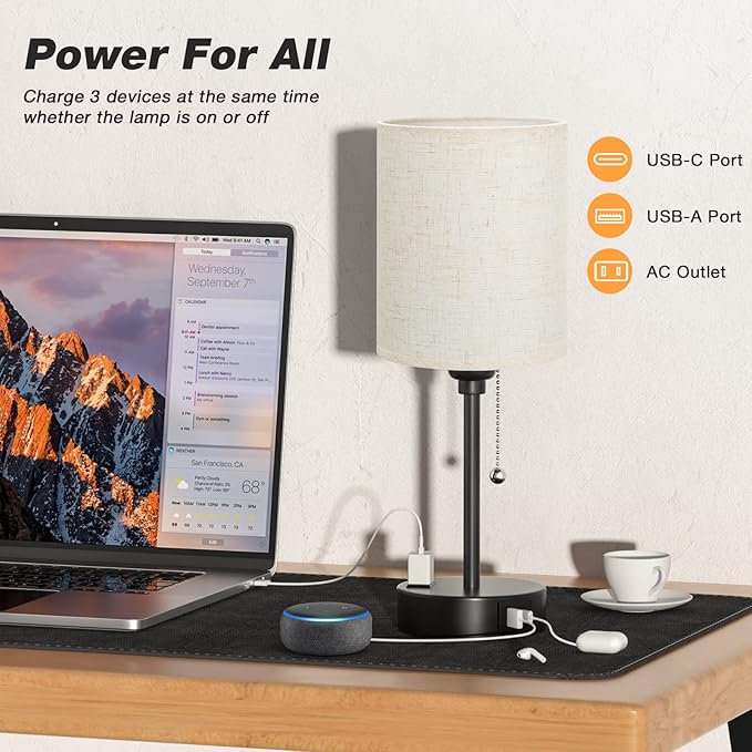 Small Bedside Lamp With 3 Color Modes - Off White 2700K 3500K 5000K Bedroom Light With USB C and A Ports, Pull Chain, AC Outlet, Black Metal Base for Kids Reading
