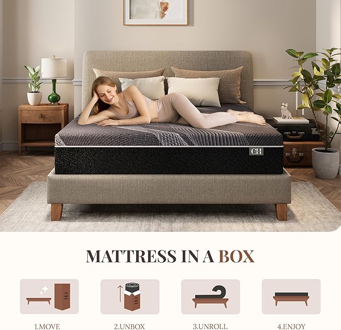 CH CHARME HOUSE 10 Inch Queen Mattress, Bamboo-Charcoal Memory Foam Mattress, Cooling & Pressure Relief, Bed in a Box, Foam Made in USA & CertiPUR-US Certified, 60'x80'x10', Black