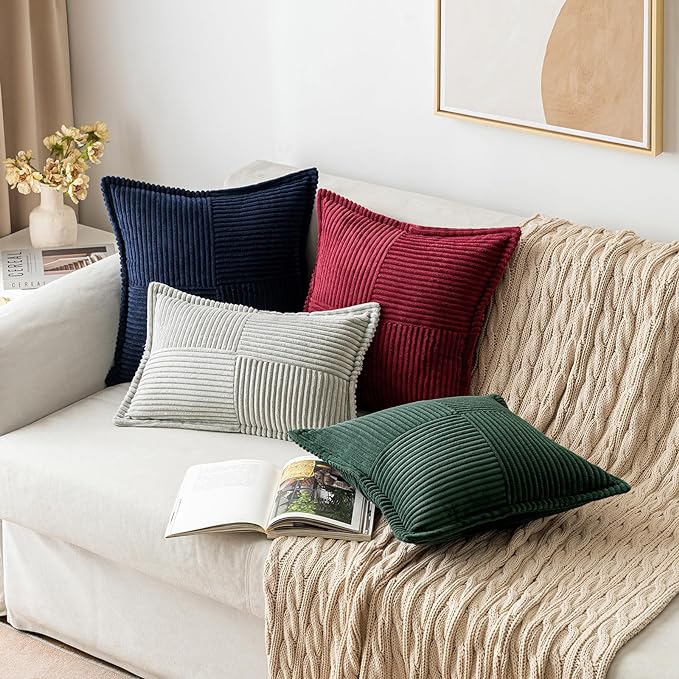 MIULEE Christmas Decorative Euro Sham Throw Pillow Covers for Couch Bed Livingroom 24x24 Inch Set of 2 Dark Green Boho Accent Throw Pllows Broadside Striped Patchwork Soft Corduroy Pillowcases